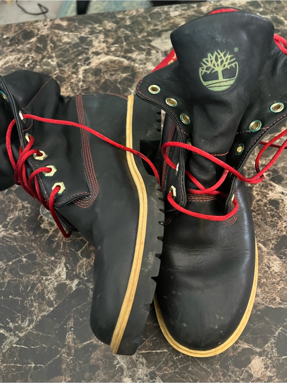 Timberland Black Leather Boots with Red Laces and Tan Sole Trim size 7.5